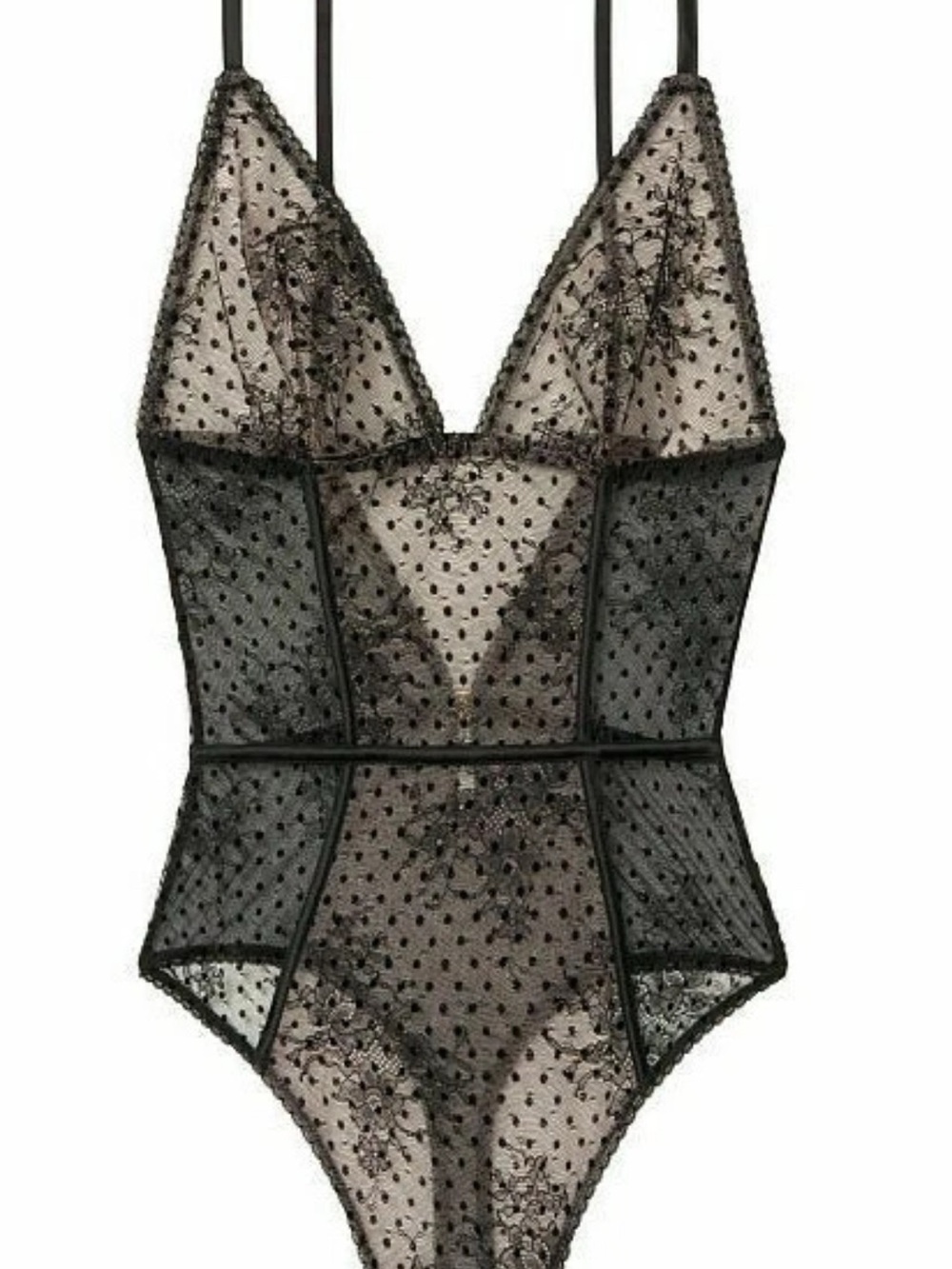 Victoria's Secret Black Sheer Lace Bodysuit with Polka Mesh
